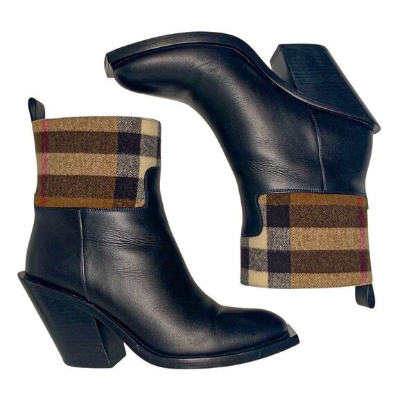 Burberry Danielle Low Calf Nova Check Heeled Boot EU 38 Leather and Wool Pull On - Picture 6 of 14